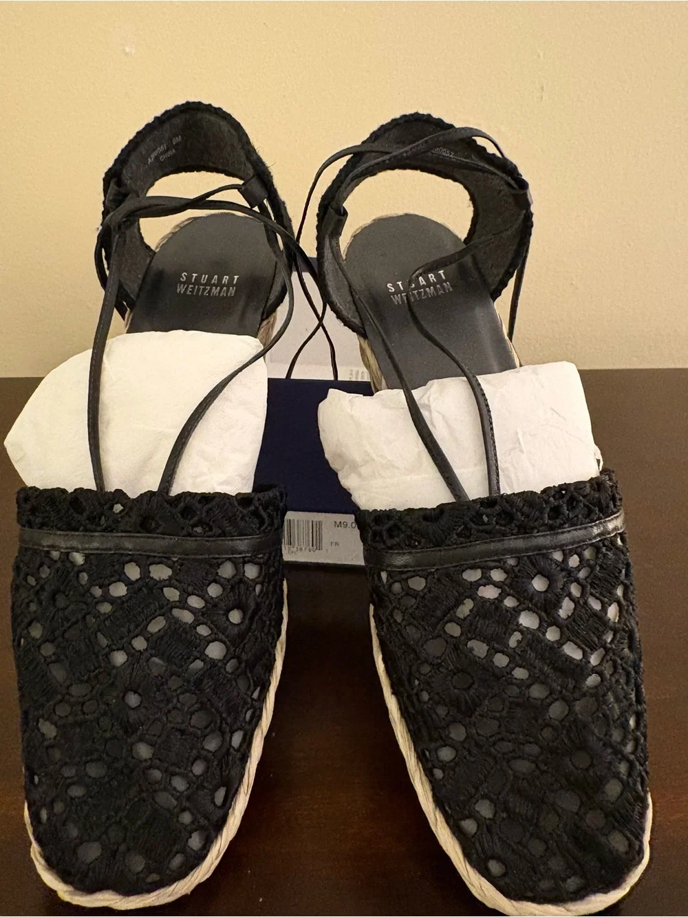 Stuart Weitzman Black Lace Espadrille Wedge Sandals with Ankle Wrap
